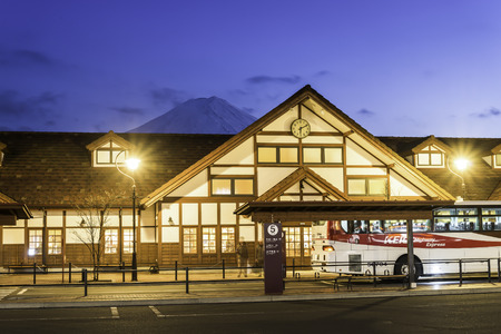 KAWAGUCHIKO,March 02:Kawaguchiko station with the veiw of fuji mountain on evening time, Japan, on March 02, 2015のeditorial素材