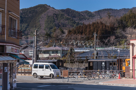 YAMANASHI, JAPAN - March 02,2015: View around Shimoyoshida Station on March 02, 2015. Shimoyoshida Station is a railway station on the Fujikyuko Line in Fujiyoshida, Yamanashi, Japan.のeditorial素材