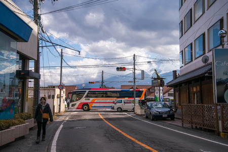 FUJIKAWAGUCHIKO, JAPAN - March 02: Kawaguchiko Station in Fujikawaguchiko, Japan on March 02, 2015. A railway station at lake Kawaguchiko near Mt. Fujiyamaのeditorial素材