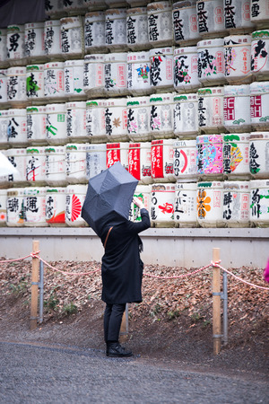 HARAJUKU,TOKYO - March 01:Sake barrels March 01,2015 in Meiji Jingu Shrine Harajuku Tokyo, Japanのeditorial素材