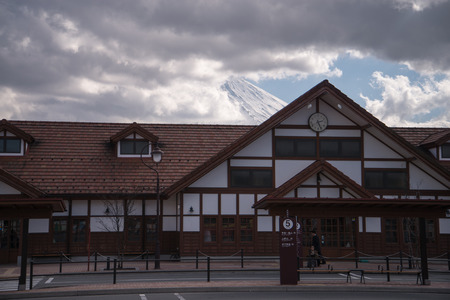 FUJIKAWAGUCHIKO, JAPAN - March 02: Kawaguchiko Station in Fujikawaguchiko, Japan on March 02, 2015. A railway station at lake Kawaguchiko near Mt. Fujiyamaのeditorial素材