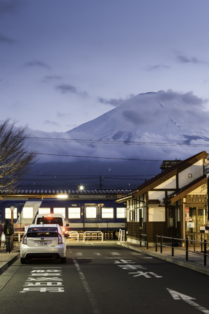 KAWAGUCHIKO,March 02:Kawaguchiko station with the veiw of fuji mountain on evening time, Japan, on March 02, 2015のeditorial素材