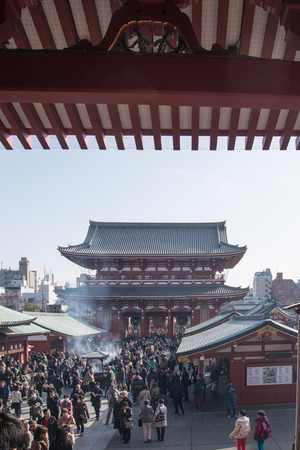 TOKYO -March 28 2015 : Unidentified tourists in the Senso-ji Temple on April 28 2015 in Tokyo,Japan.The Senso-ji Buddhist Temple is the symbol of Asakusa and one of the most famed temples in all of Japanのeditorial素材