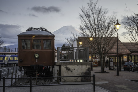 KAWAGUCHIKO,March 02:Kawaguchiko station with the veiw of fuji mountain on evening time, Japan, on March 02, 2015のeditorial素材