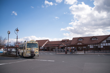 FUJIKAWAGUCHIKO, JAPAN - March 02: Kawaguchiko Station in Fujikawaguchiko, Japan on March 02, 2015. A railway station at lake Kawaguchiko near Mt. Fujiyamaのeditorial素材