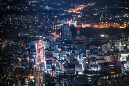 Aerial night view of Yokohama Cityscape at Minato Mirai waterfront district.