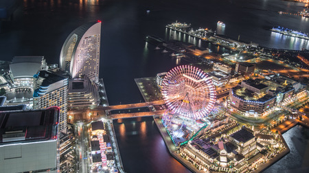 Aerial night view of Yokohama Cityscape at Minato Mirai waterfront district.のeditorial素材