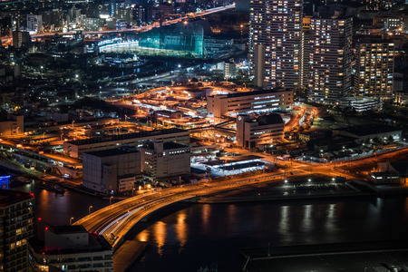 Aerial night view of Yokohama Cityscape at Minato Mirai waterfront district.のeditorial素材
