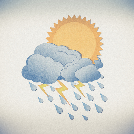 Grunge recycled paper sun with rain on white backgroundの写真素材