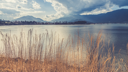 View of kawakuchiko lake, Japan.  (Vintage filter effect used)の写真素材