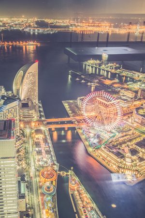 Aerial night view of Yokohama Cityscape at Minato Mirai waterfront district.のeditorial素材