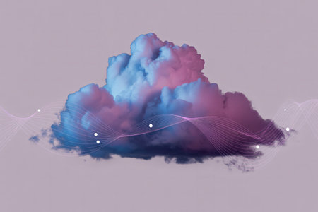 Abstract cloudscape with pink and blue hues and digital network lines suggesting cloud computing and modern technology on a soft background.の素材