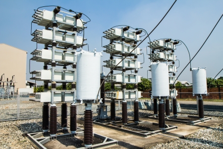 Capacitor bank in high voltage substationの写真素材
