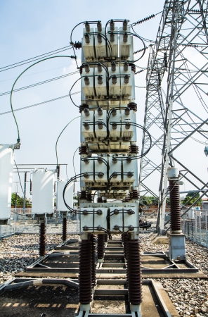 Capacitor bank in high voltage substationの写真素材