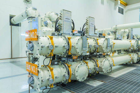 High voltage electric power 500 kV Gas Insulated Switchgear in control building (GIS)