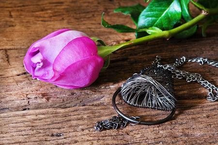 Art with pink rose and heart  on the wooden ,Valentines Day ,loveの写真素材