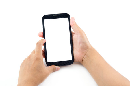 Hand holding on Black Smartphone with blank screen on white backgroundの写真素材