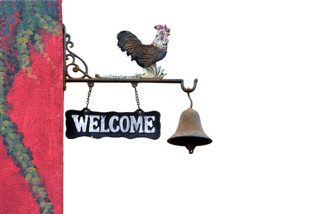 Classic Door Bell with silhouette  of  chicken vintage welcome label isolate on whiteの写真素材