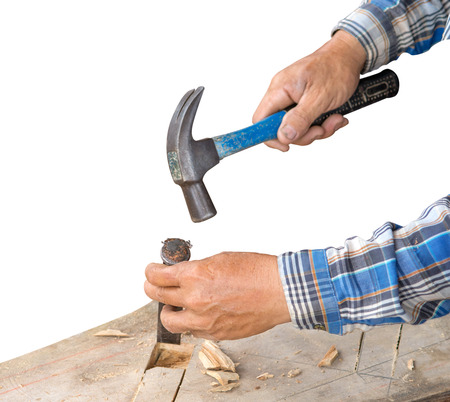 gouge wood chisel carpenter man tool hammer in hand working isolate on white backgroundの写真素材