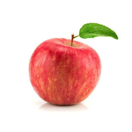 Red apple fruit with leaf isolate on whiteの写真素材