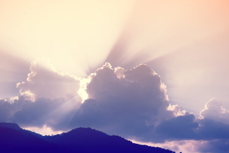Sun ray with sky cloud vintage color toned, nature 