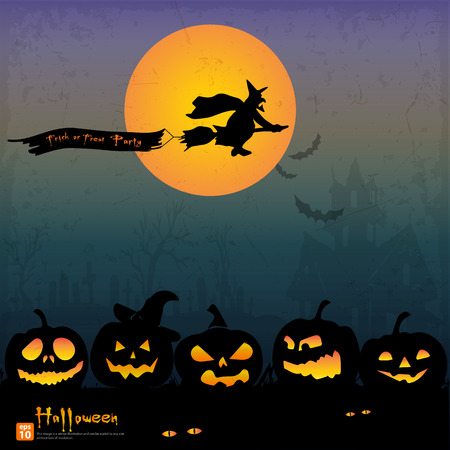 Happy Halloween night background with pumpkin and full moon  Vector illustration. Vintage and retro designのイラスト素材