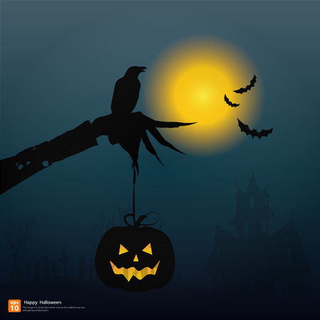 Happy Halloween night background with pumpkin and full moon  Vector illustration. Witch hand hold pumkpin in night partyのイラスト素材