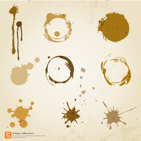 Set of retro traces cup draw pour coffee splashes and spot print. vintage and old styleのイラスト素材