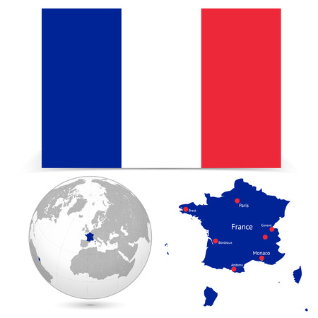 New Detailed vector  flag with Map world of France. Names, town marks and national borders are in separate layers. with globe That separates by Continent.のイラスト素材