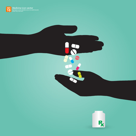 Medical vector icon, Medicines pouring in of the hand with bottleのイラスト素材