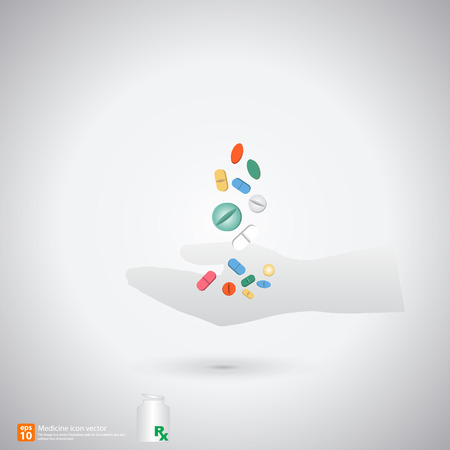 Medical vector icon, Medicines pouring  on hand and Rx bottleのイラスト素材