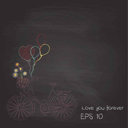 bicycle with flower ,heart balloon valentine's day on chalkboard background vector designのイラスト素材