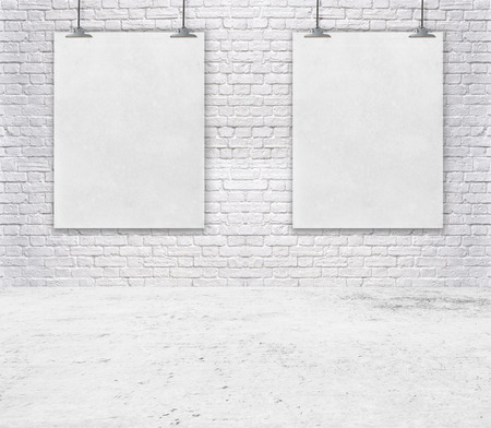 Blank white poster on a rope. brick wall texture use for your add messageの写真素材