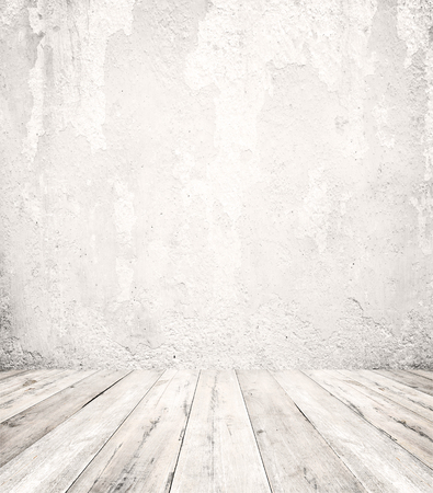 Empty a white interior of vintage room - gray grunge concrete wall and old wood floor. Realistic 3d as perfect background for your concept or project.の写真素材
