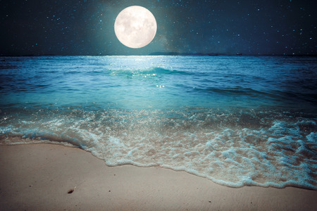 Beautiful fantasy tropical beach with star and full moon in night skies - imagine style artwork with vintage color tone の写真素材