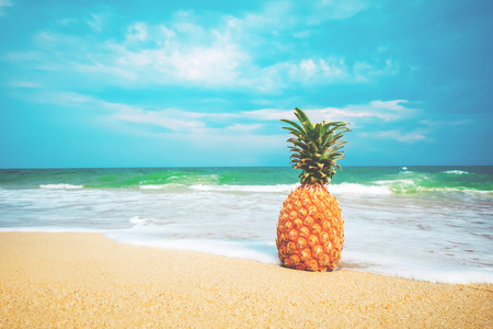 Ripe pineapples on the sandy tropical beach with clear blue sky. Leisure in summer and Summer vacation concept. vintage color tone.の写真素材