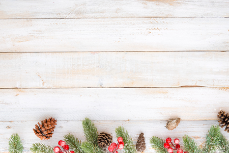 Christmas background - Christmas decorating elements and ornament rustic on white wood table with snowflake. Creative Flat layout and top view composition with border and copy space design.の写真素材
