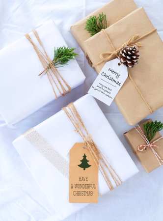 Christmas present gift boxes collection with tag for mock up template design. View from above....