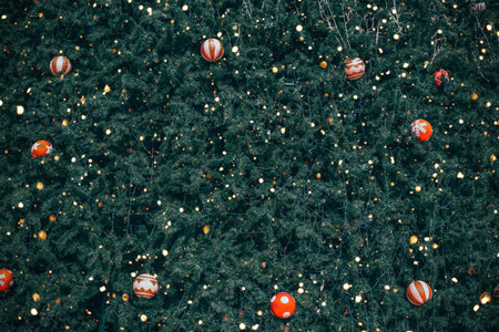 Vintage Christmas tree with ball decoration and sparkle light filter effect. Christmas and New Year...