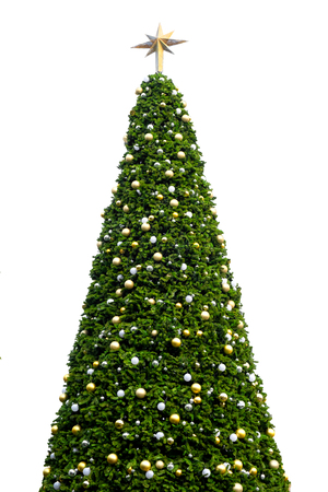 Christmas tree with gold ball ornament and decoration isolate on whiteの写真素材