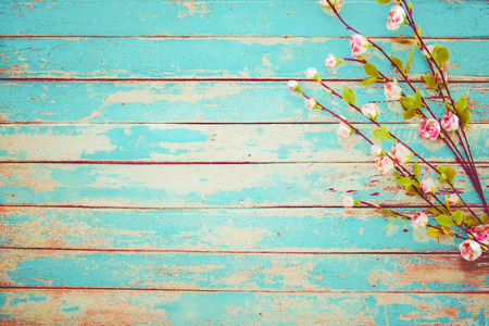 Cherry blossom flowers on vintage woodenの写真素材