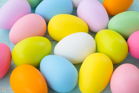 Colorful Easter eggs background. Holiday in spring season. vintage pastel color tone. Close up composition.の写真素材