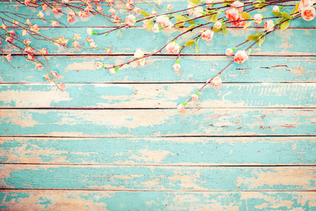 Cherry blossom flowers on vintage wooden background, border design. vintage color tone - concept flower of spring or summer backgroundの写真素材