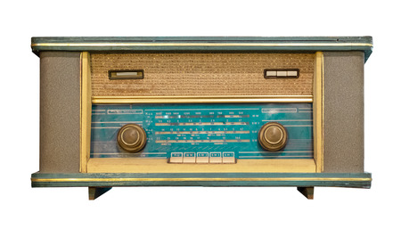 Vintage radio receiver - antique wooden box radio isolate on white with clipping path for object, retro technology の写真素材