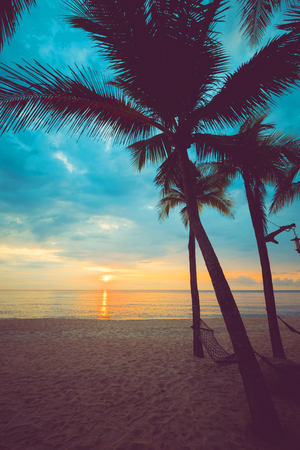 Silhouette of tropical beach during sunset twilight. seascape of summer beach and palm tree at sunset. vintage color toneの写真素材