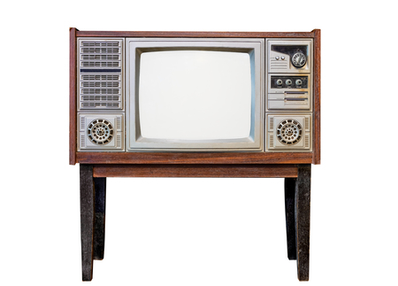 Vintage television - antique wooden box television with cut out frame screen isolate on white with clipping path for object, retro technologyの写真素材