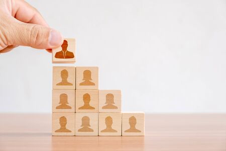 Business concept of Human resource and talent management and recruitment. Hand of men putting wood cube block on top staircaseの写真素材