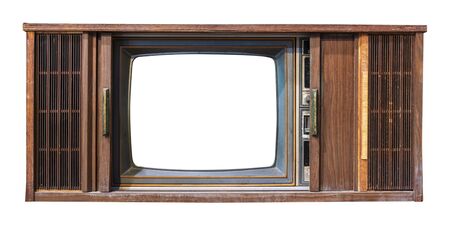 Vintage television - antique wooden box television with cut out frame screen isolate on white with clipping path for object, retro technologyの写真素材
