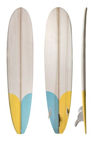 Retro wood longboard surfboard isolated on white with clipping path for object, vintage styles.の写真素材