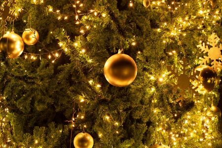 Close-up Christmas tree with decoration, light and gold ball at night in Christmas and New Year holiday.の写真素材